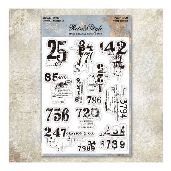 Sheet of vintage-style numbers and text on a textured background