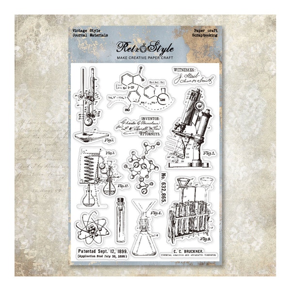 Vintage-style scientific diagram clear stamp set on a textured background