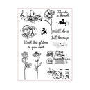 Clear stamp set with floral, musical, and text designs on a white background