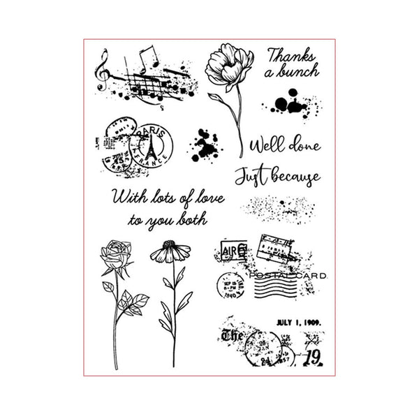 Clear stamp set with floral, musical, and text designs on a white background