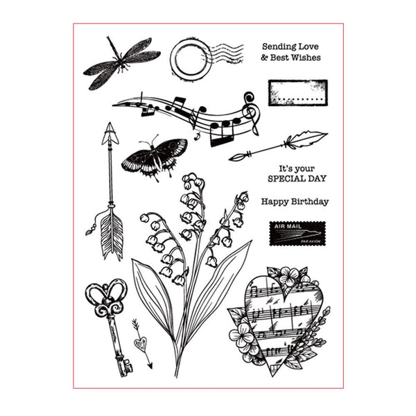 Set of black line art illustrations including flowers, keys, and decorative elements on a white background.