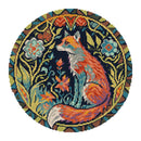 Colorful embroidered design of a fox surrounded by floral patterns on a white background