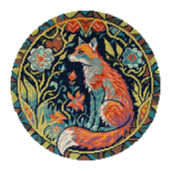 Colorful embroidered design of a fox surrounded by floral patterns on a white background