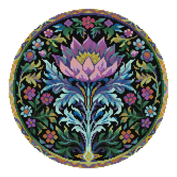 Circular design with a central floral pattern surrounded by smaller flowers on a black background