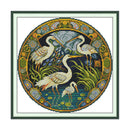 Decorative circular design with cranes and nature elements, framed.