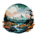 Cross-stitched landscape with mountains, trees, and a lake.