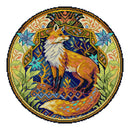 Colorful embroidered design of a fox surrounded by floral patterns on a white background
