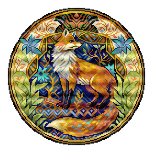 Colorful embroidered design of a fox surrounded by floral patterns on a white background