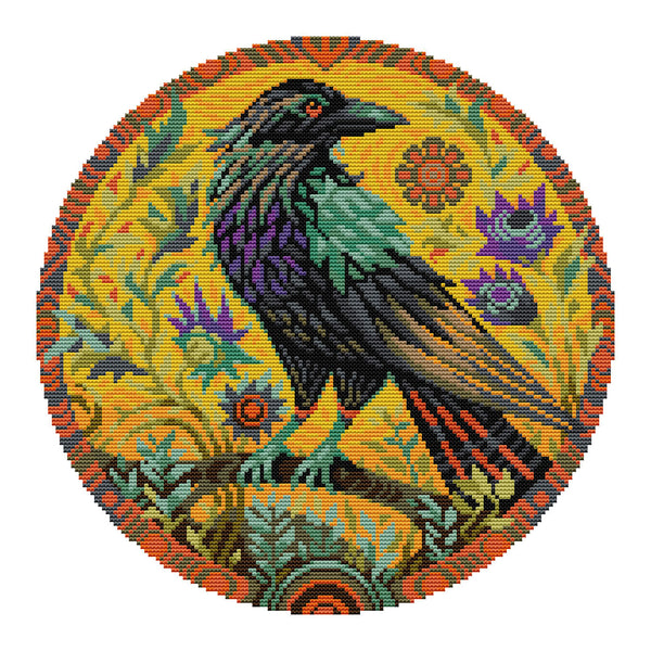 Colorful circular design with a raven and floral patterns on a white background
