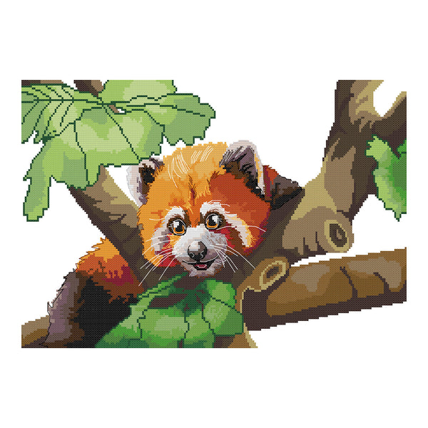 Cross-stitched pattern of a red panda on a branch with leaves
