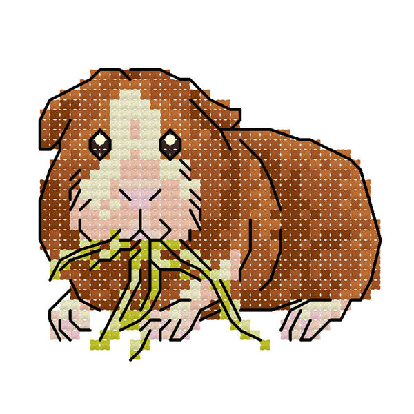 Cross-stitched pattern of a guinea pig eating hay on a white background