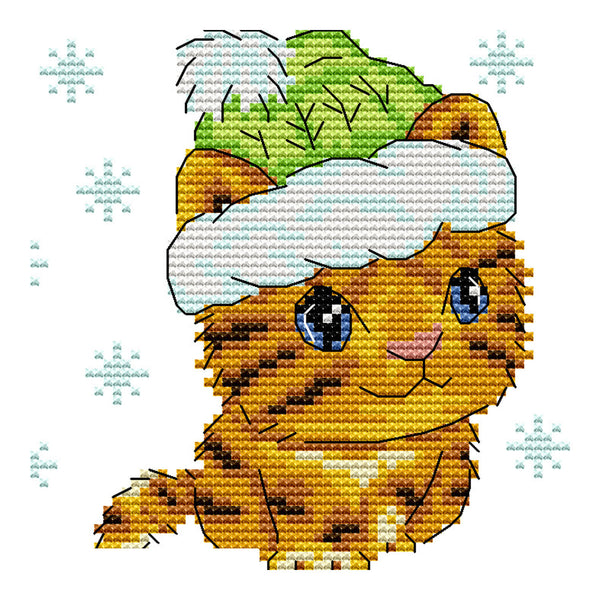Cross-stitched design of a cat wearing a chef's hat on a white background