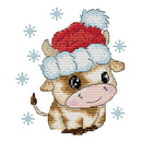 Cross-stitched design of a cow wearing a Santa hat with snowflakes in the background