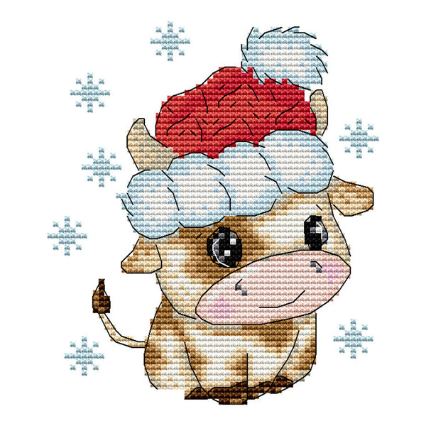 Cross-stitched design of a cow wearing a Santa hat with snowflakes in the background