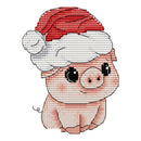 Cross-stitched design of a pig wearing a red Santa hat on a white background