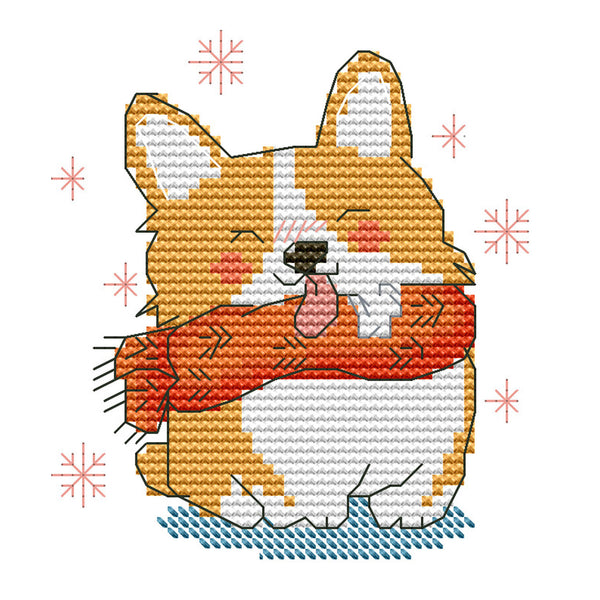 Cross-stitched pattern of a corgi dog holding a heart with snowflakes in the background