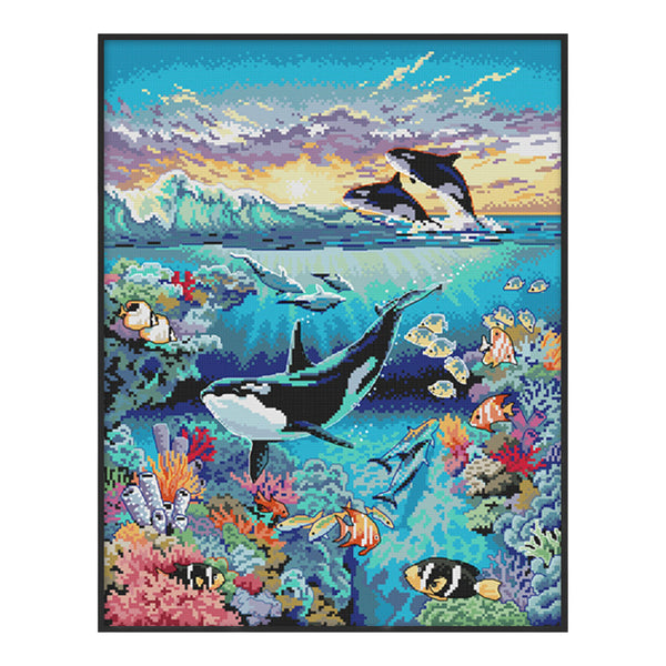 Colorful underwater scene with orcas and various fish, framed.