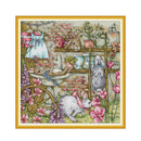 Illustration of bunnies in a garden with flowers and a sink.