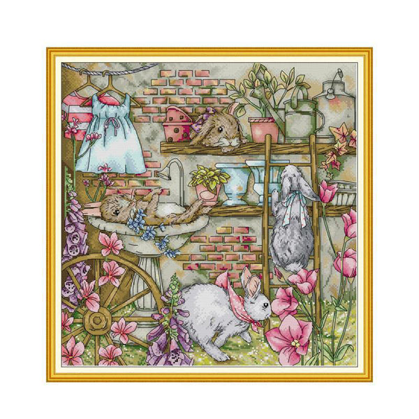 Illustration of bunnies in a garden with flowers and a sink.