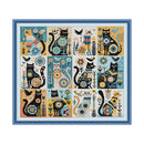 Framed cross-stitch pattern with cats and floral designs on a white background