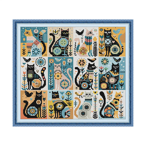 Framed cross-stitch pattern with cats and floral designs on a white background