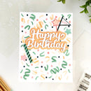 Birthday card with colorful confetti and 'Happy Birthday' text on a white background