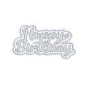 Metallic 'Happy Birthday' cutting die on a white background