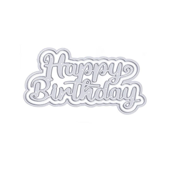 Metallic 'Happy Birthday' cutting die on a white background