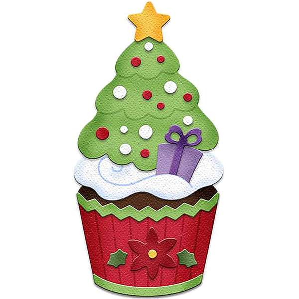 Decorative Christmas tree shaped like a cupcake with a star on top and a present.