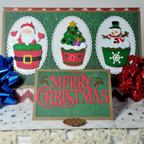 Christmas-themed card with Santa, tree, and snowman decorations on a green background.