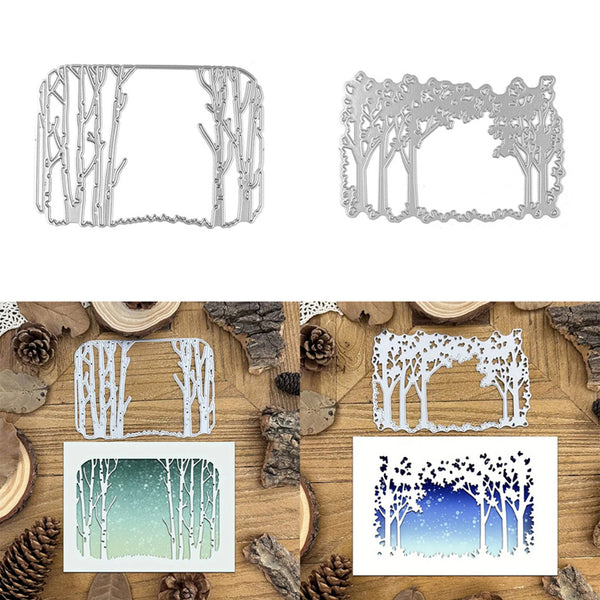 Metal tree-shaped cutting dies on a white background with examples of cut-out designs on paper.