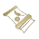 Decorative metal cutout with scrolls, a feather, and a jar on a white background