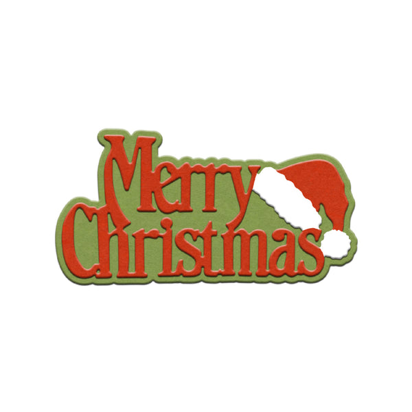 Merry Christmas text with a Santa hat graphic on a white background