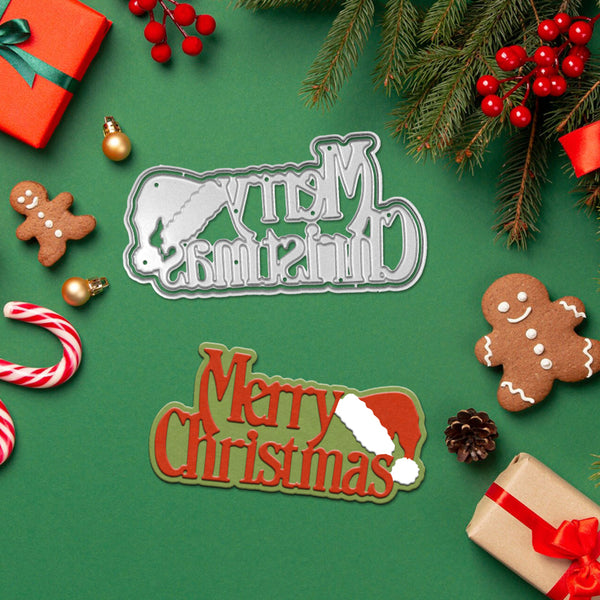 Christmas-themed cutout letters and decorations on a green background
