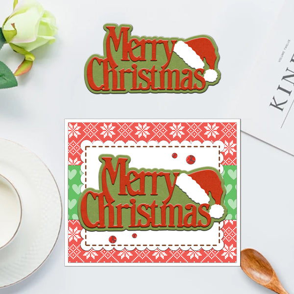 Decorative 'Merry Christmas' sign with a Santa hat on a white surface.