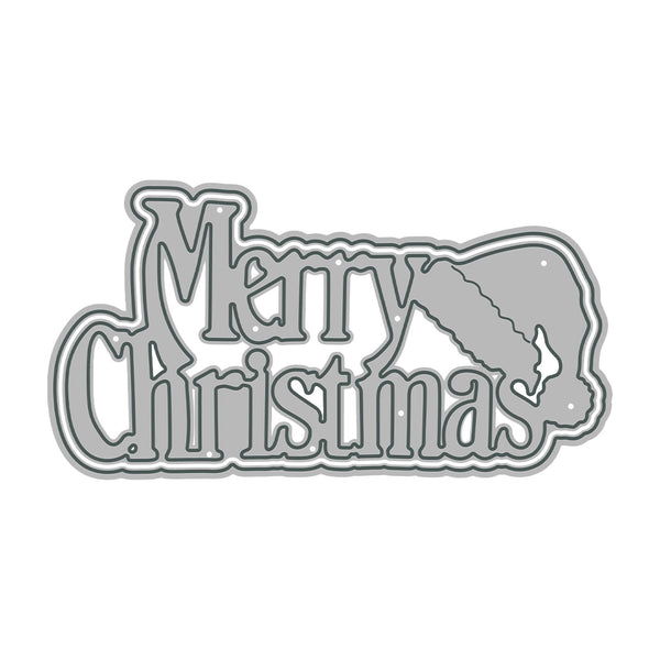 Metallic 'Merry Christmas' decoration with a reindeer silhouette on a white background