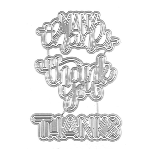 Metallic 'Many Thank You Thanks' cutting die on a white background