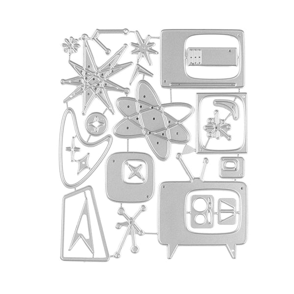 Set of metal dies with television and star designs on a white background