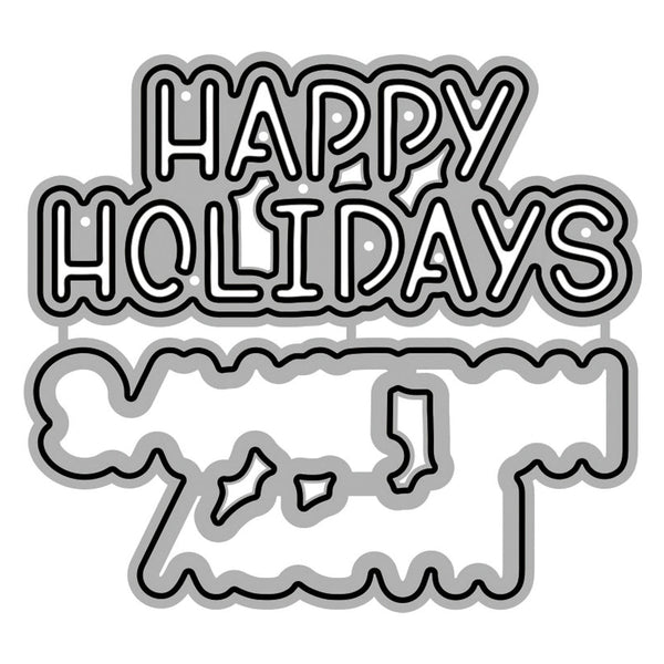 Metallic 'Happy Holidays' cutout with decorative elements on a white background