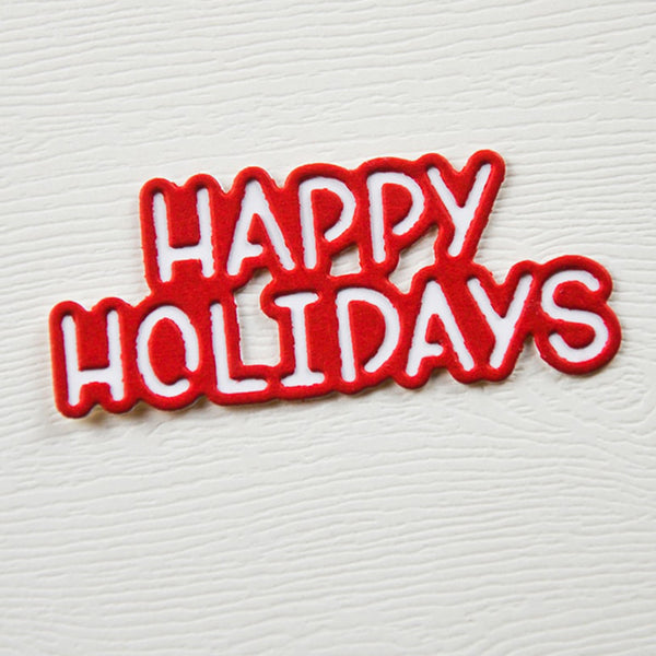 Red and white 'Happy Holidays' patch on a textured white background
