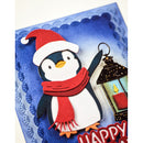 Christmas-themed card with a penguin holding a lantern on a blue background