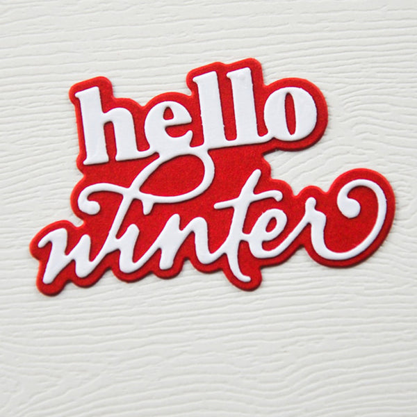 Red and white 'hello winter' text on a textured white background