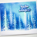 Winter-themed card with snowy trees and 'hello winter' text on a blue gradient background