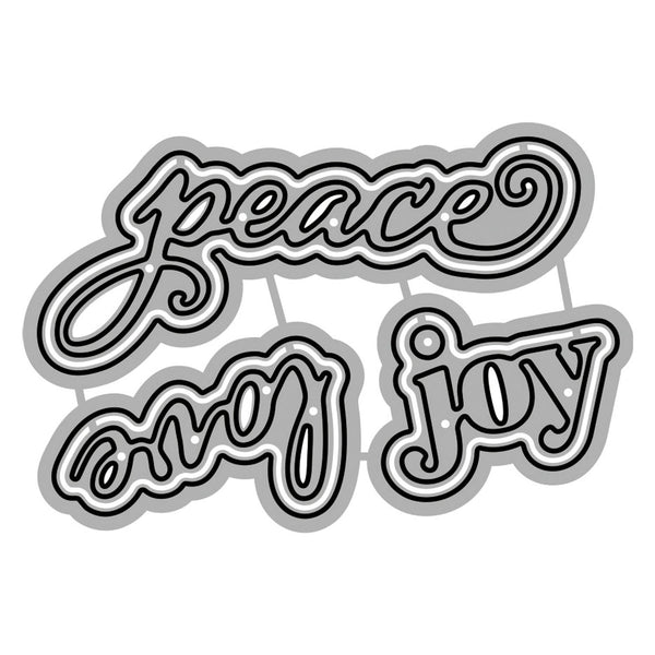 Decorative text stickers with 'peace', 'love', and 'joy' on a white background