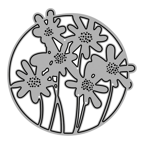 Circular metal cutting die with floral design on a white background