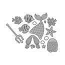 Black and white illustration of mermaid-themed items including fish, a mermaid tail, starfish, and shells on a white background.