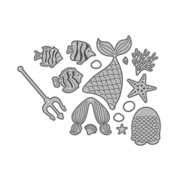 Black and white illustration of mermaid-themed items including fish, a mermaid tail, starfish, and shells on a white background.