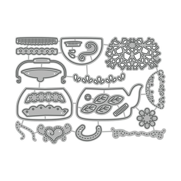 Set of metal dies with various shapes and patterns on a white background