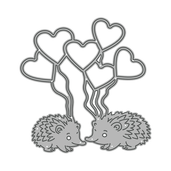 Metal cutting die with two hedgehogs and heart-shaped balloons on a white background