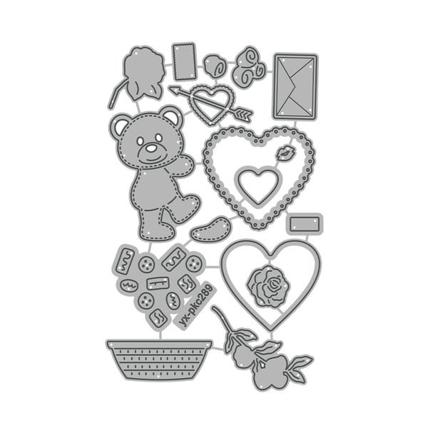 Set of clear stamps with a teddy bear, hearts, and other decorative elements on a white background.